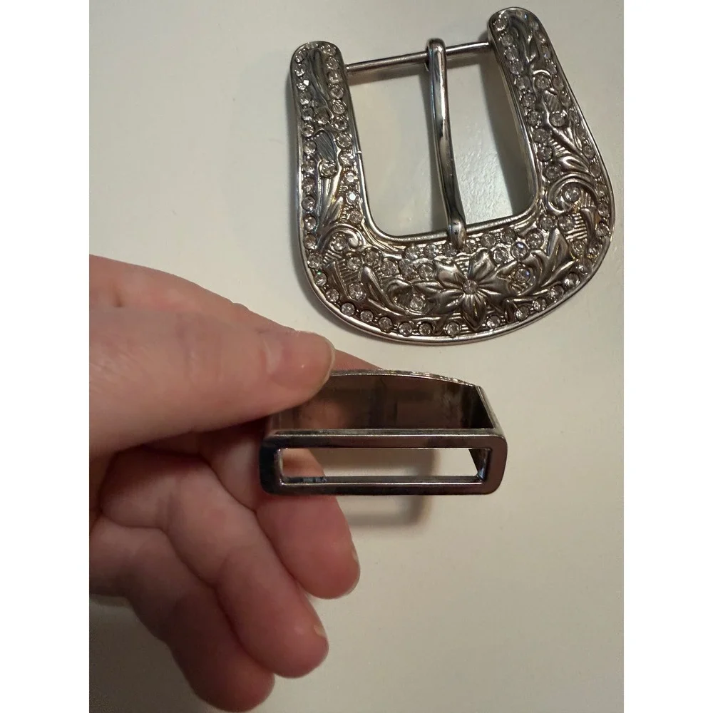 Western Floral Rhinestone Belt Buckle Set Silver Tone Engraved Cowgirl Hardware